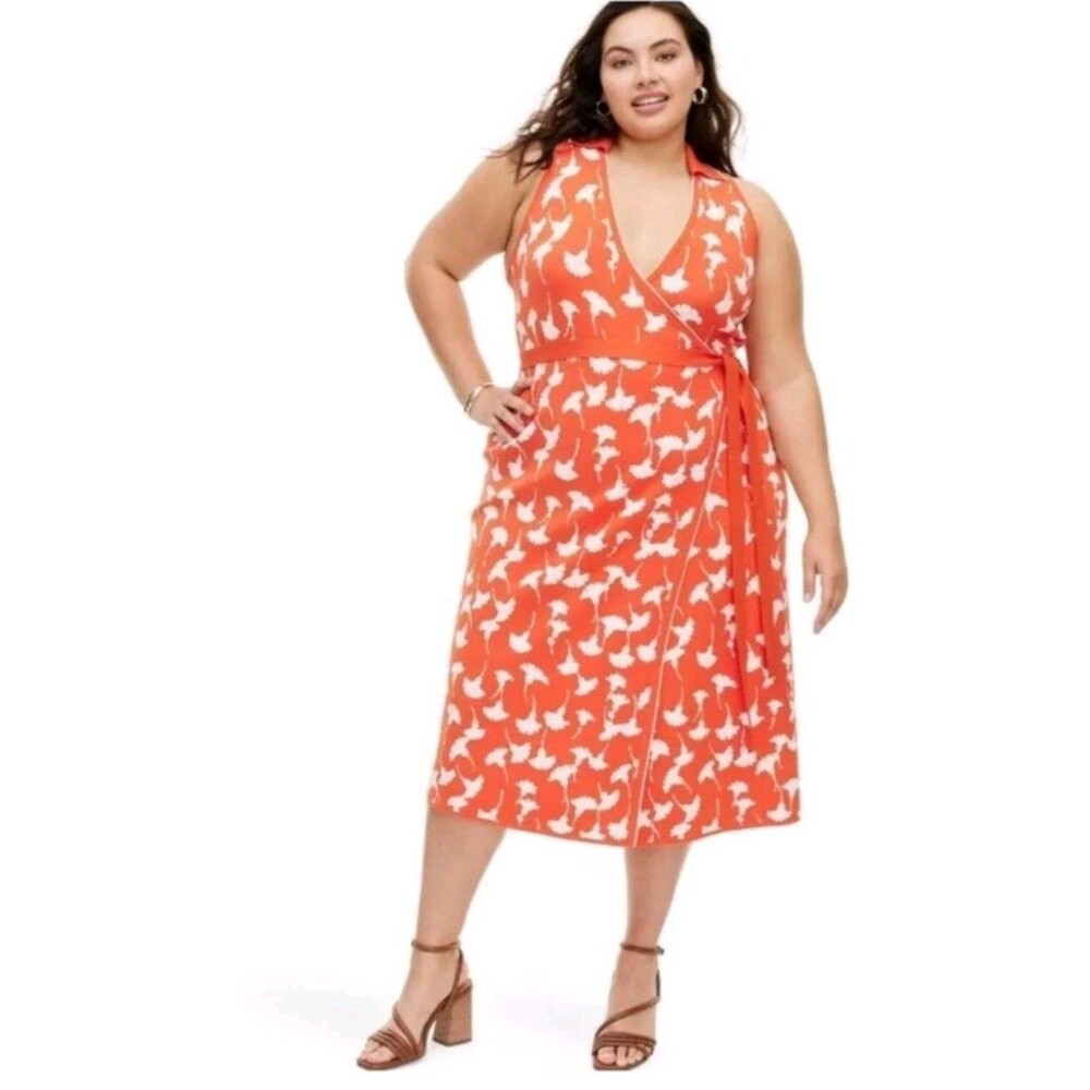 Diane Von Furstenburg Wrap Dress Size‎ 3X Orange Knit V-Neck Sleeveless Floral